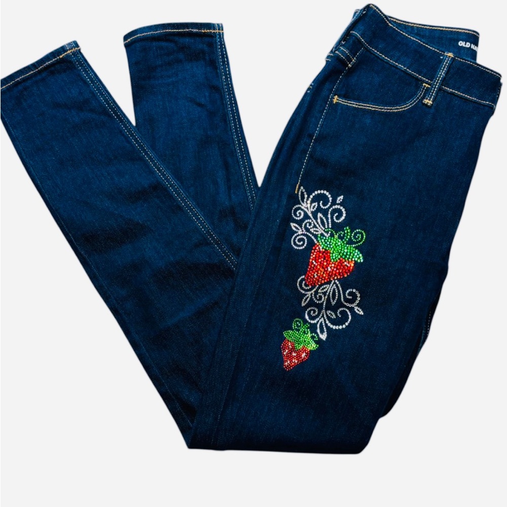 Old Navy Women's Dark Blue Jeans with Red Strawberry Design